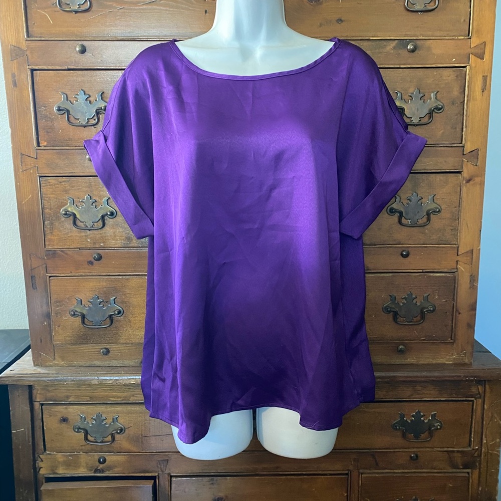 (A100) Woman’s Cuffed Sleeves Purple Satin Top Size L by SHEIN